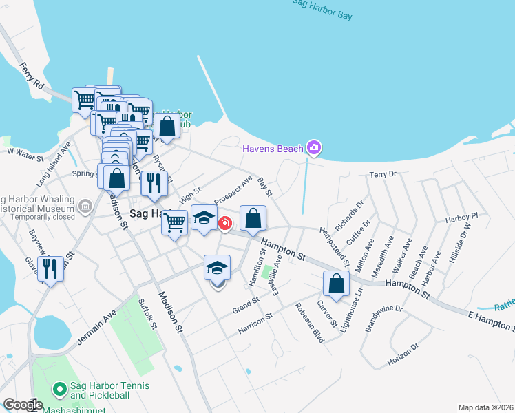 map of restaurants, bars, coffee shops, grocery stores, and more near 91 Franklin Avenue in Sag Harbor