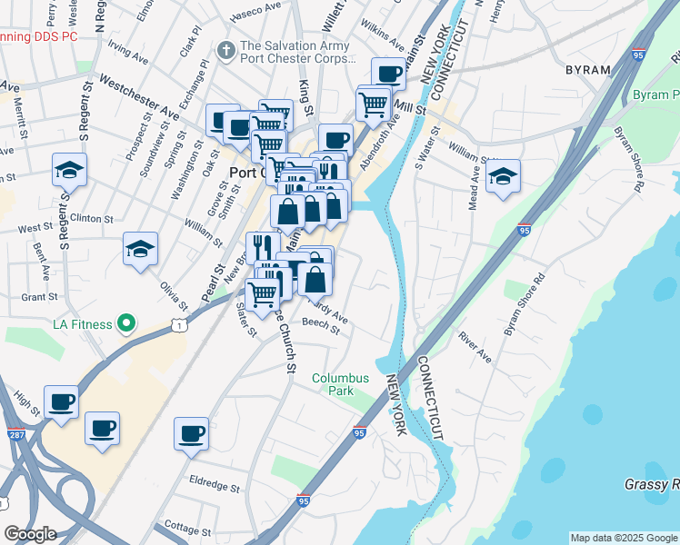 map of restaurants, bars, coffee shops, grocery stores, and more near 58 Townsend Street in Port Chester