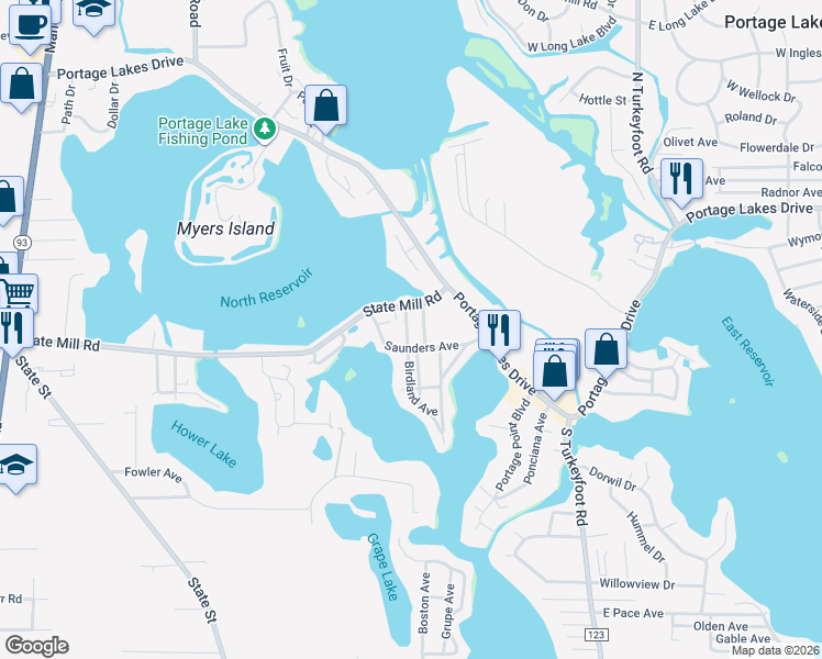 map of restaurants, bars, coffee shops, grocery stores, and more near 3533 Birdland Avenue in Akron