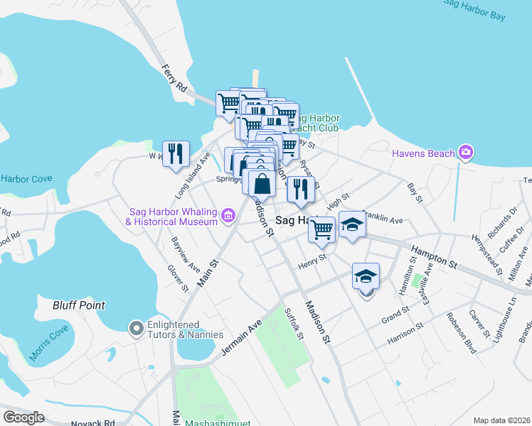 map of restaurants, bars, coffee shops, grocery stores, and more near 55 Madison Street in Sag Harbor