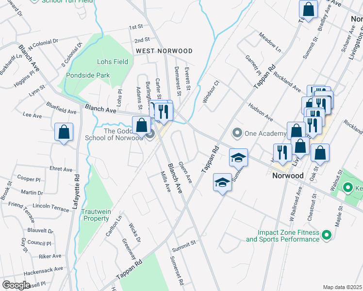 map of restaurants, bars, coffee shops, grocery stores, and more near 38 Carpenter Avenue in Norwood