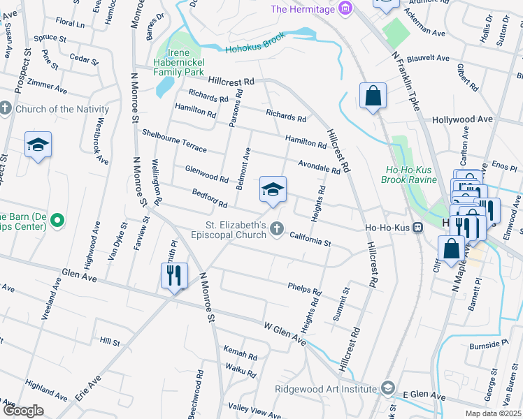 map of restaurants, bars, coffee shops, grocery stores, and more near 113 Morningside Road in Ridgewood