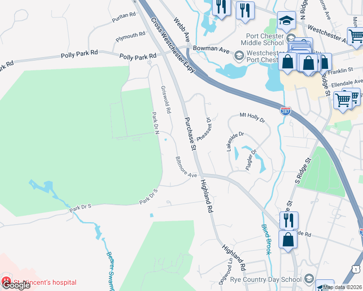 map of restaurants, bars, coffee shops, grocery stores, and more near 48 Biltmore Avenue in Rye
