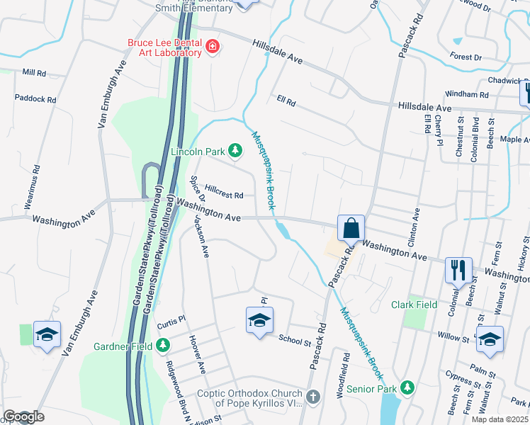 map of restaurants, bars, coffee shops, grocery stores, and more near 854 Washington Avenue in Township of Washington
