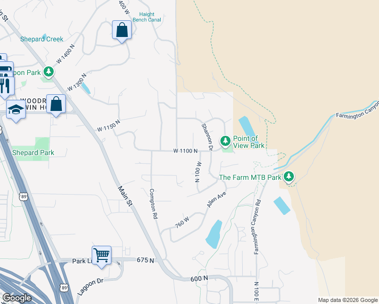 map of restaurants, bars, coffee shops, grocery stores, and more near 157 West 1100 North in Farmington