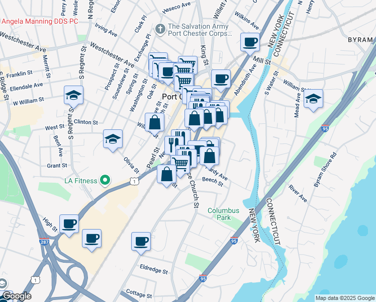 map of restaurants, bars, coffee shops, grocery stores, and more near 108 South Main Street in Port Chester