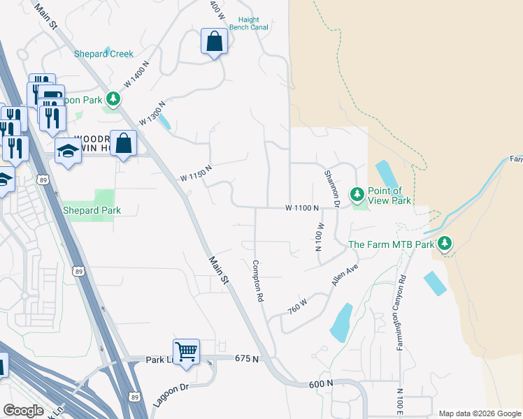 map of restaurants, bars, coffee shops, grocery stores, and more near 1098 North 300 West in Farmington