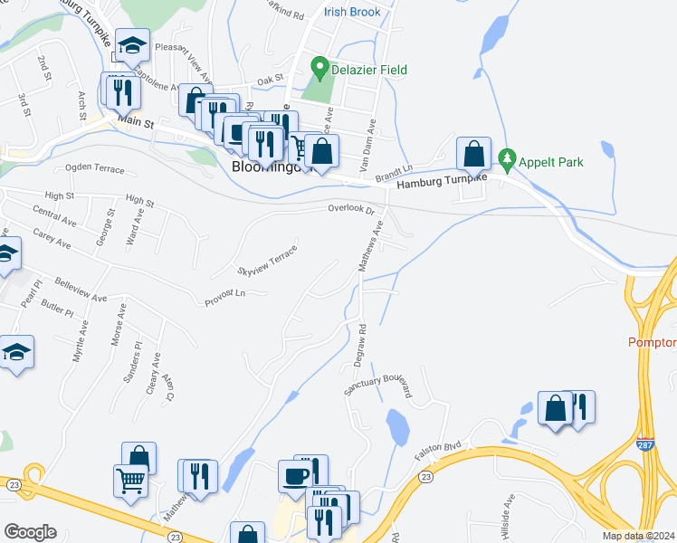 map of restaurants, bars, coffee shops, grocery stores, and more near 54 Mountain View Court in Riverdale
