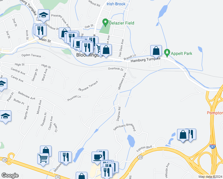 map of restaurants, bars, coffee shops, grocery stores, and more near 72 Mountain View Court in Riverdale