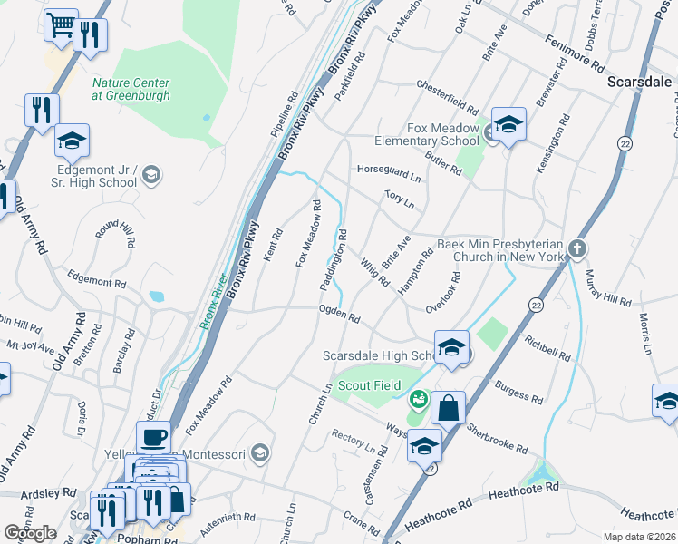 map of restaurants, bars, coffee shops, grocery stores, and more near 28 Paddington Road in Scarsdale