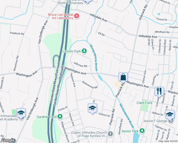 map of restaurants, bars, coffee shops, grocery stores, and more near 854 Washington Avenue in Township of Washington