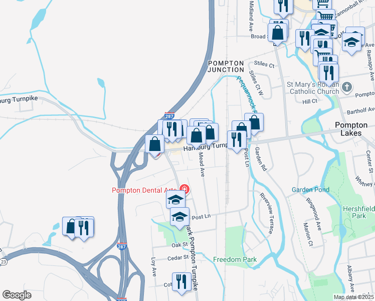 map of restaurants, bars, coffee shops, grocery stores, and more near 69 Hamburg Turnpike in Riverdale