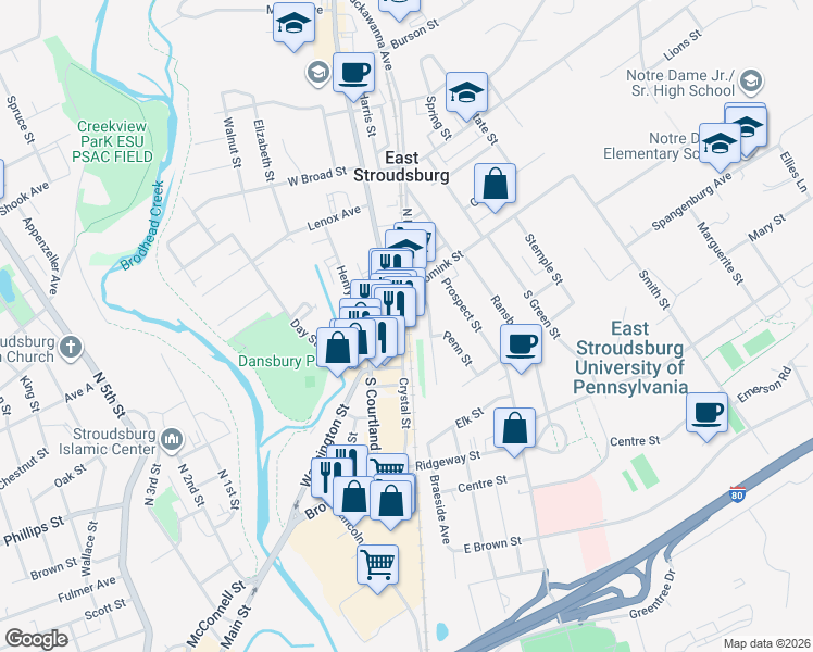 map of restaurants, bars, coffee shops, grocery stores, and more near 48 Crystal Street in East Stroudsburg