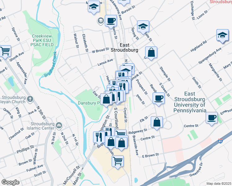 map of restaurants, bars, coffee shops, grocery stores, and more near 78 South Courtland Street in East Stroudsburg