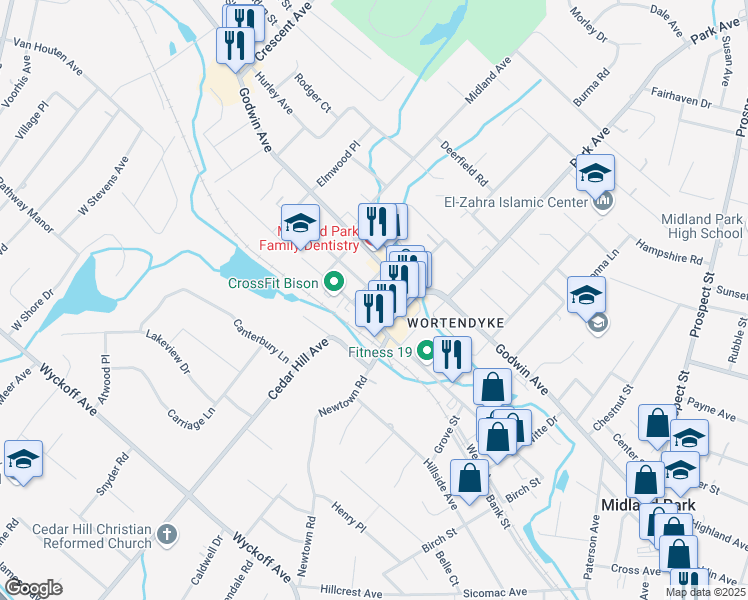 map of restaurants, bars, coffee shops, grocery stores, and more near 107 Madison Avenue in Midland Park