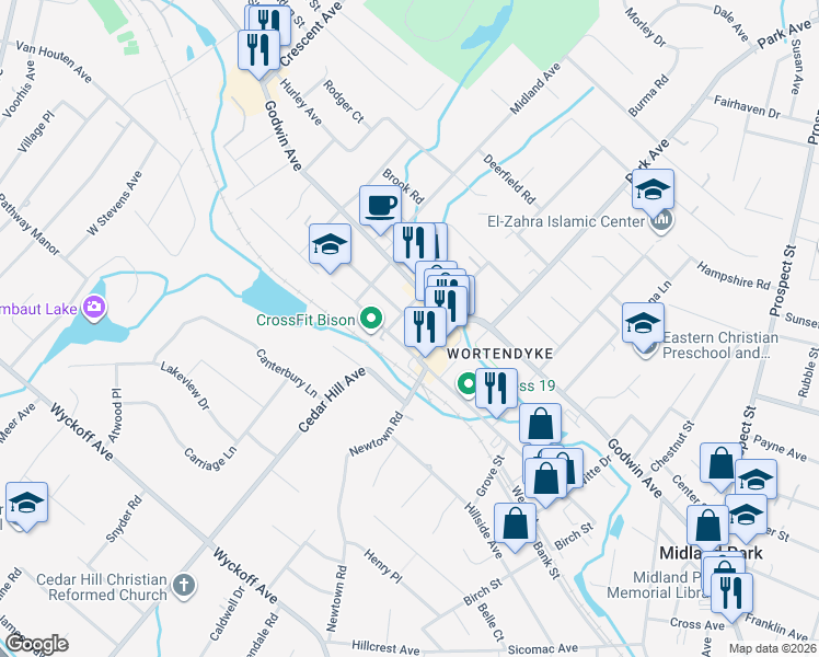 map of restaurants, bars, coffee shops, grocery stores, and more near 230 Greenwood Avenue in Midland Park