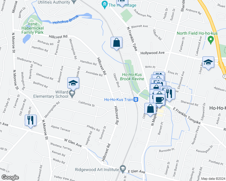 map of restaurants, bars, coffee shops, grocery stores, and more near 45 Glenwood Road in Ridgewood