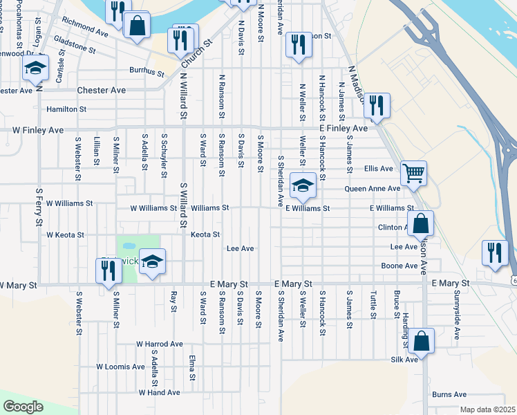 map of restaurants, bars, coffee shops, grocery stores, and more near 300 South Moore Street in Ottumwa
