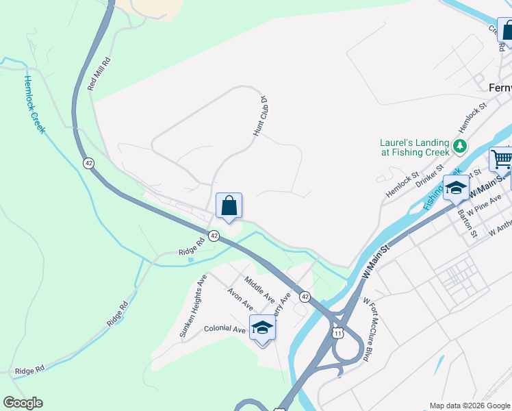 map of restaurants, bars, coffee shops, grocery stores, and more near 1 Steeplechase Drive in Bloomsburg