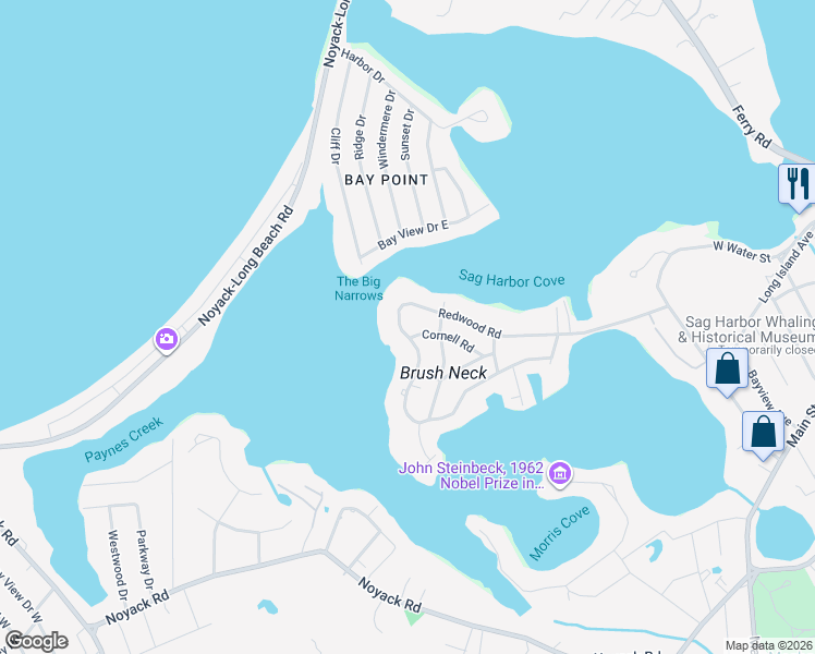 map of restaurants, bars, coffee shops, grocery stores, and more near 141 Redwood Road in Sag Harbor