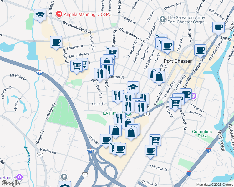 map of restaurants, bars, coffee shops, grocery stores, and more near 22 Drew Street in Port Chester