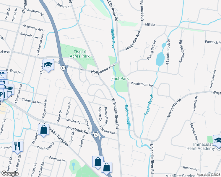 map of restaurants, bars, coffee shops, grocery stores, and more near 743 West Saddle River Road in Ho-Ho-Kus