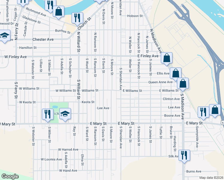 map of restaurants, bars, coffee shops, grocery stores, and more near 298 S Moore St in Ottumwa