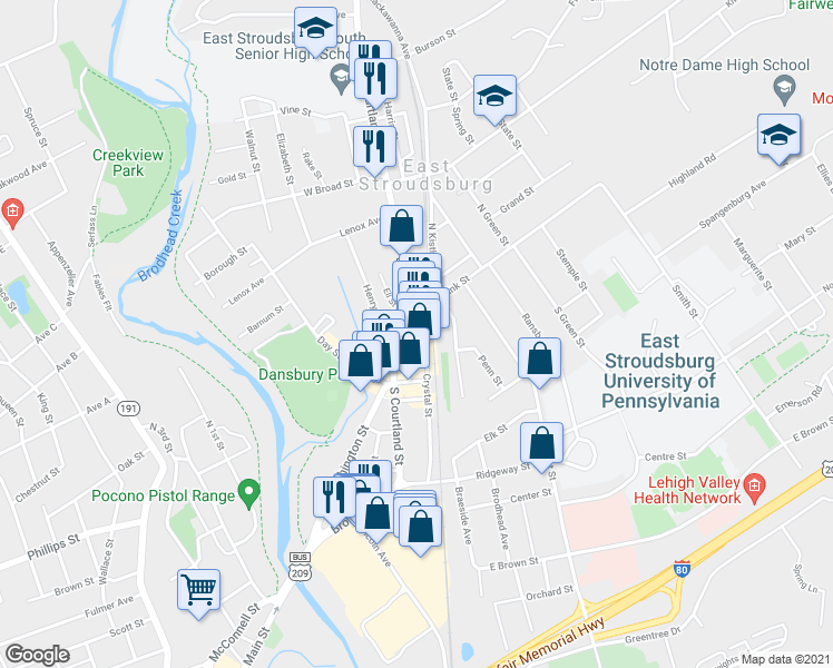 map of restaurants, bars, coffee shops, grocery stores, and more near 43 Crystal Street in East Stroudsburg