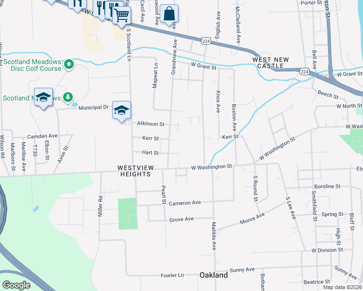 map of restaurants, bars, coffee shops, grocery stores, and more near 611 Grandview Avenue in New Castle