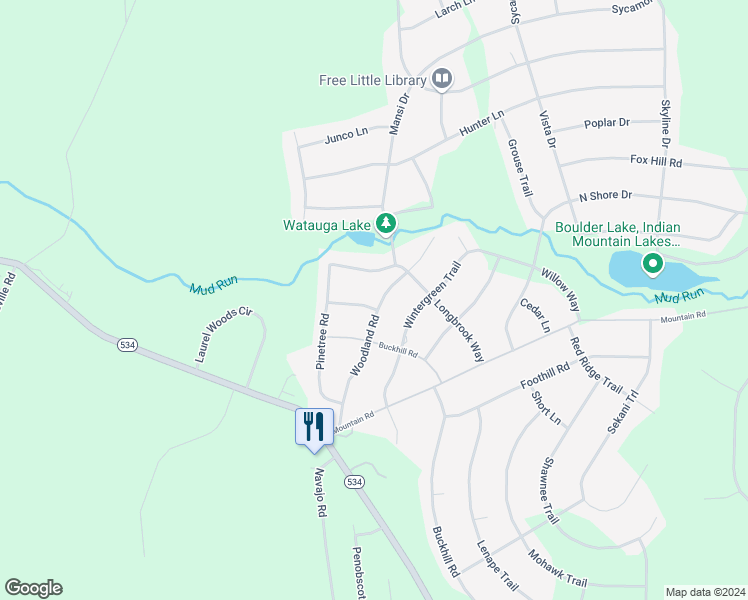 map of restaurants, bars, coffee shops, grocery stores, and more near 61 Woodland Road in Albrightsville