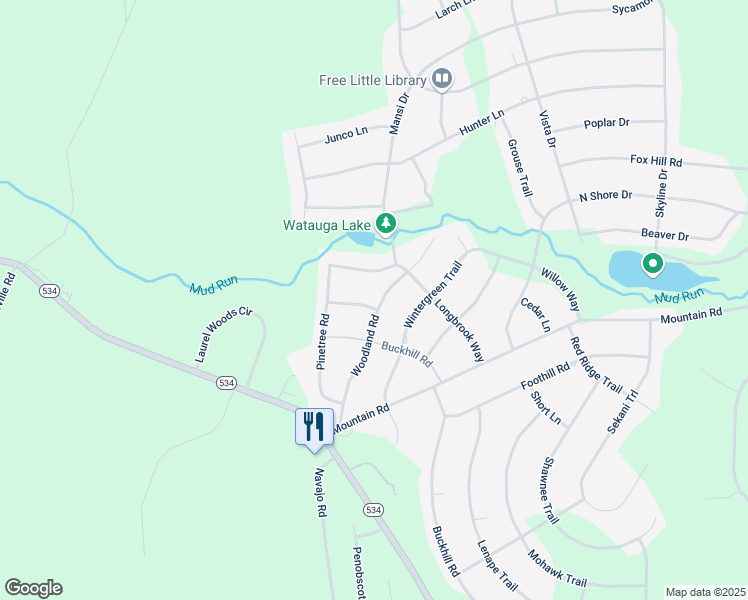 map of restaurants, bars, coffee shops, grocery stores, and more near 61 Woodland Road in Albrightsville