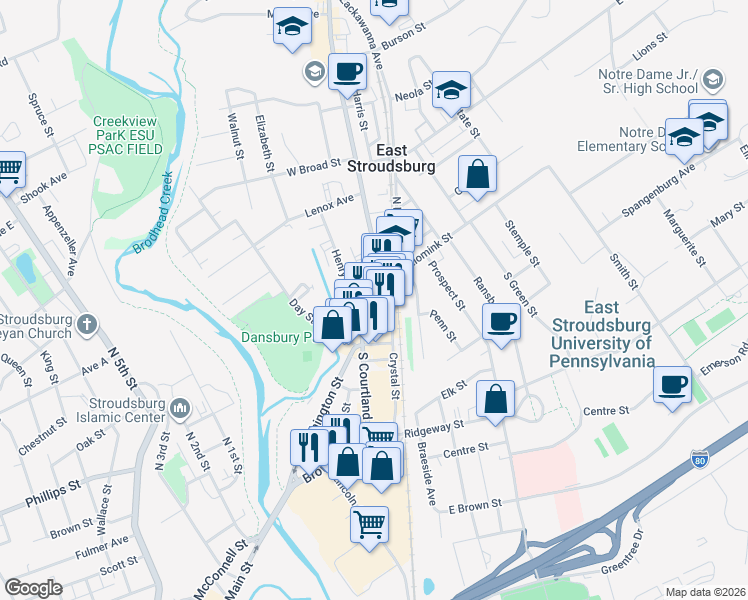map of restaurants, bars, coffee shops, grocery stores, and more near 78 South Courtland Street in East Stroudsburg