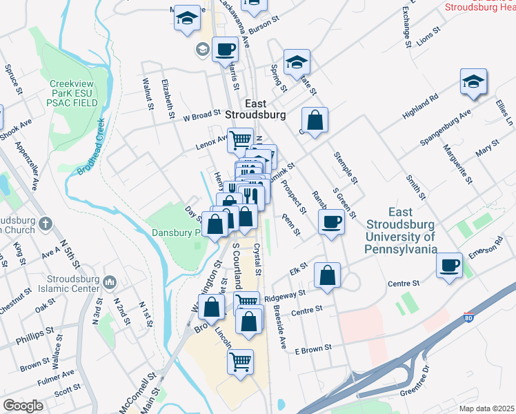 map of restaurants, bars, coffee shops, grocery stores, and more near 48 Crystal Street in East Stroudsburg