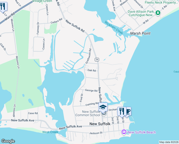 map of restaurants, bars, coffee shops, grocery stores, and more near 250 Oak Road in New Suffolk