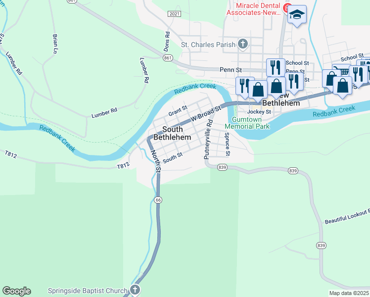 map of restaurants, bars, coffee shops, grocery stores, and more near 206 South Street in New Bethlehem