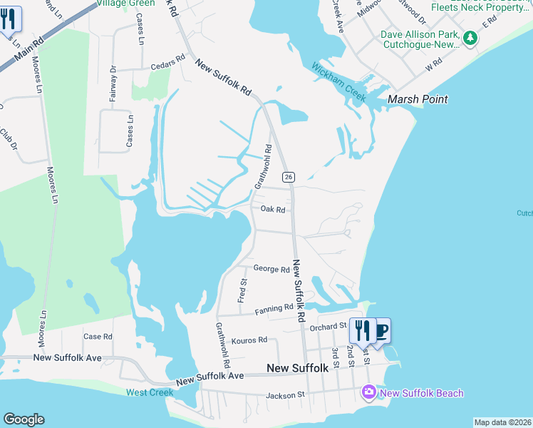 map of restaurants, bars, coffee shops, grocery stores, and more near 250 Oak Road in New Suffolk