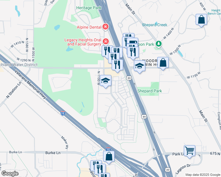 map of restaurants, bars, coffee shops, grocery stores, and more near 1090 North Shepard Creek Parkway in Farmington