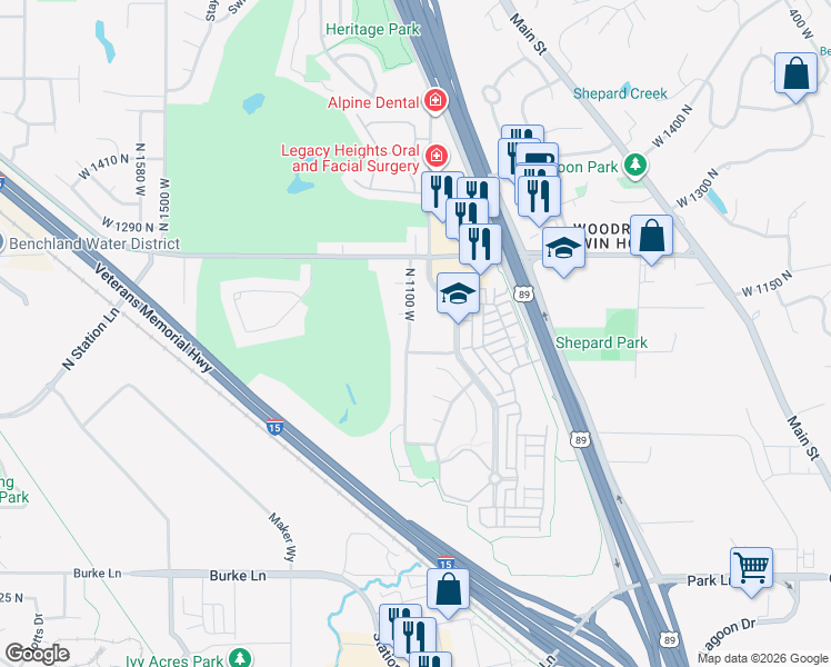 map of restaurants, bars, coffee shops, grocery stores, and more near 1096 North 1100 West in Farmington