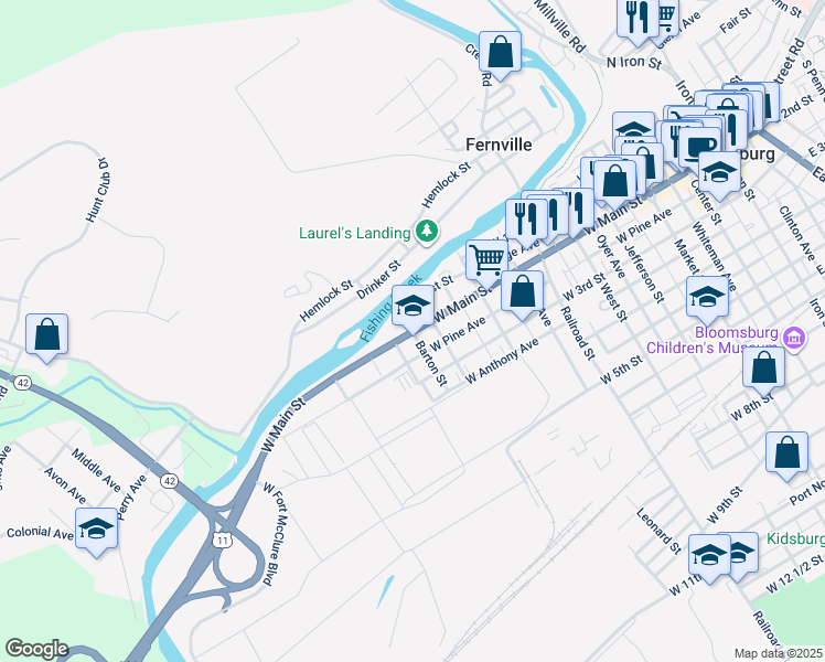 map of restaurants, bars, coffee shops, grocery stores, and more near 608 West Main Street in Bloomsburg