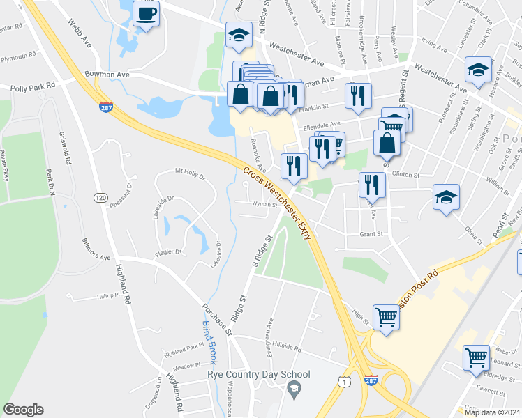 map of restaurants, bars, coffee shops, grocery stores, and more near 13 Wyman Street in Rye Brook