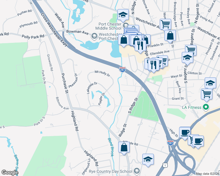 map of restaurants, bars, coffee shops, grocery stores, and more near 14 Mount Holly Drive in Rye
