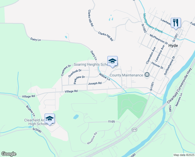 map of restaurants, bars, coffee shops, grocery stores, and more near 1204 Parkview Drive in Clearfield