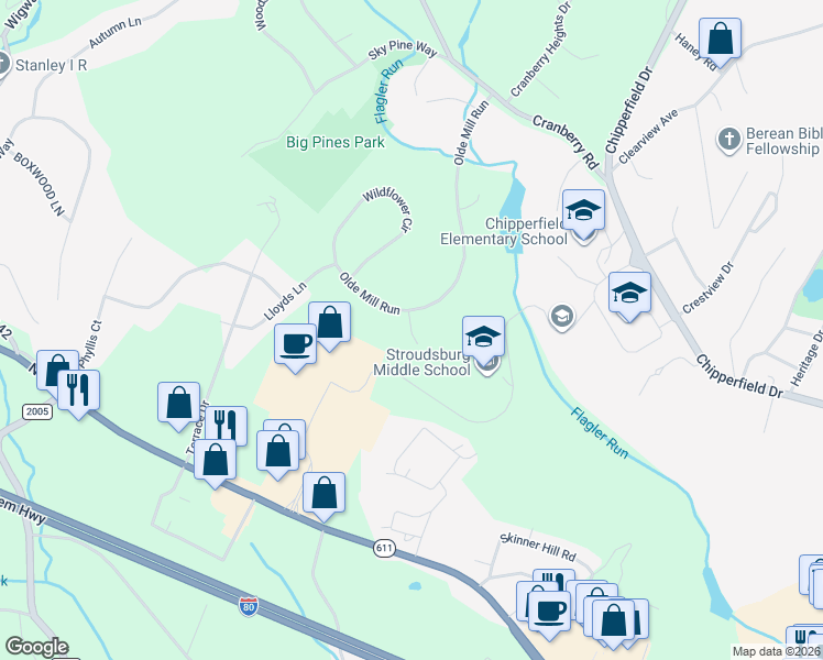 map of restaurants, bars, coffee shops, grocery stores, and more near 44 Pine Park in Stroudsburg