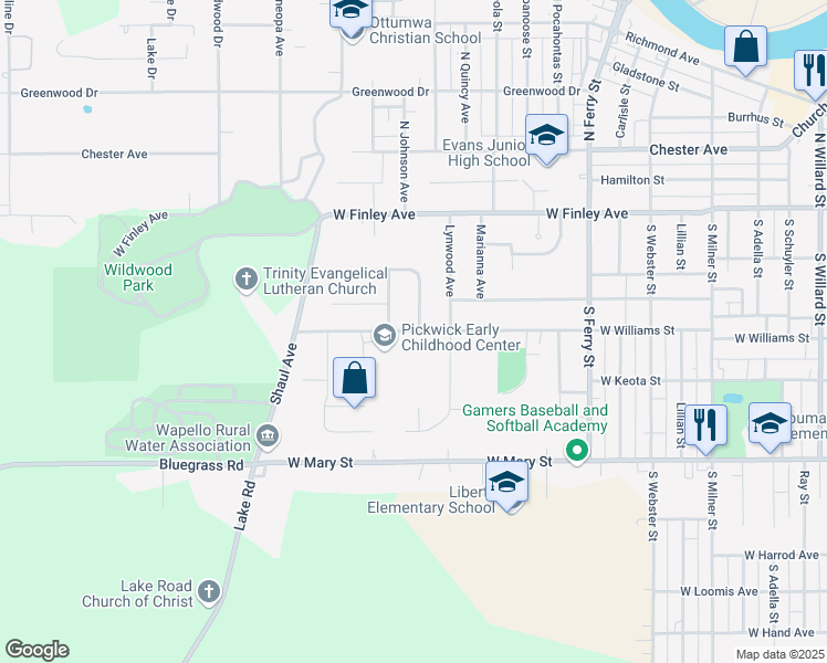 map of restaurants, bars, coffee shops, grocery stores, and more near 1306 West Williams Street in Ottumwa