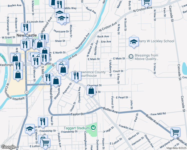 map of restaurants, bars, coffee shops, grocery stores, and more near 602 Countyline Street in New Castle