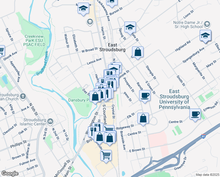 map of restaurants, bars, coffee shops, grocery stores, and more near 48 Crystal Street in East Stroudsburg