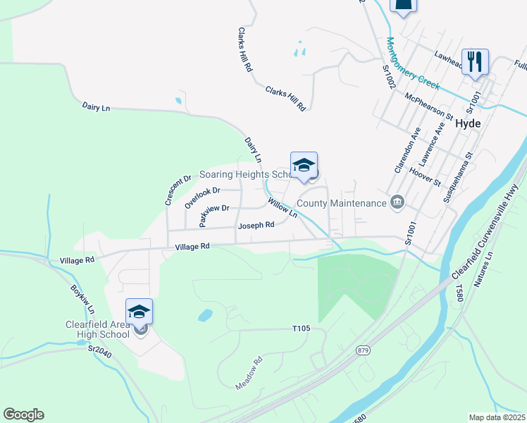 map of restaurants, bars, coffee shops, grocery stores, and more near 1204 Parkview Drive in Clearfield