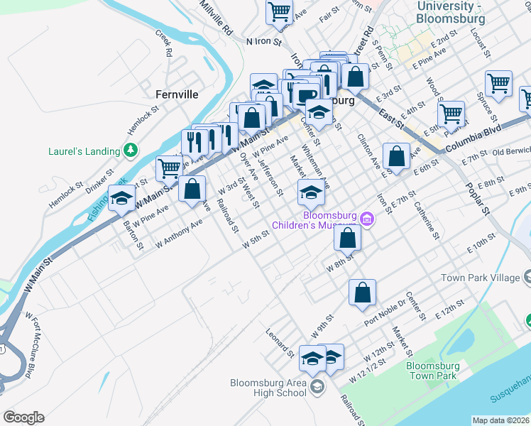 map of restaurants, bars, coffee shops, grocery stores, and more near 253 West 5th Street in Bloomsburg