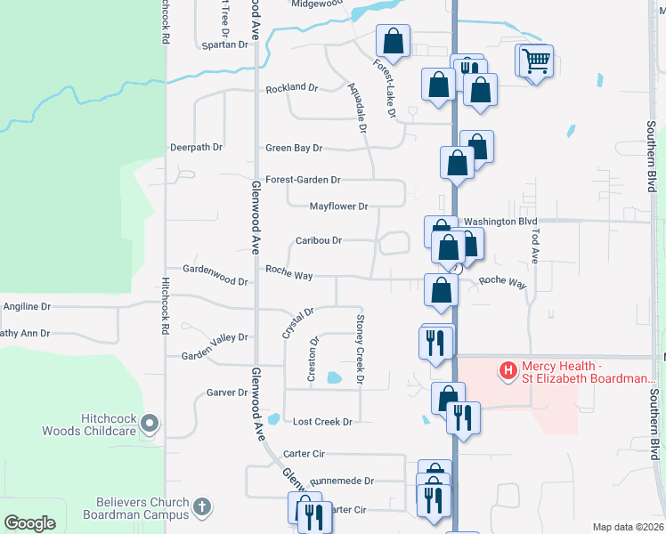 map of restaurants, bars, coffee shops, grocery stores, and more near 157 Roche Way in Youngstown