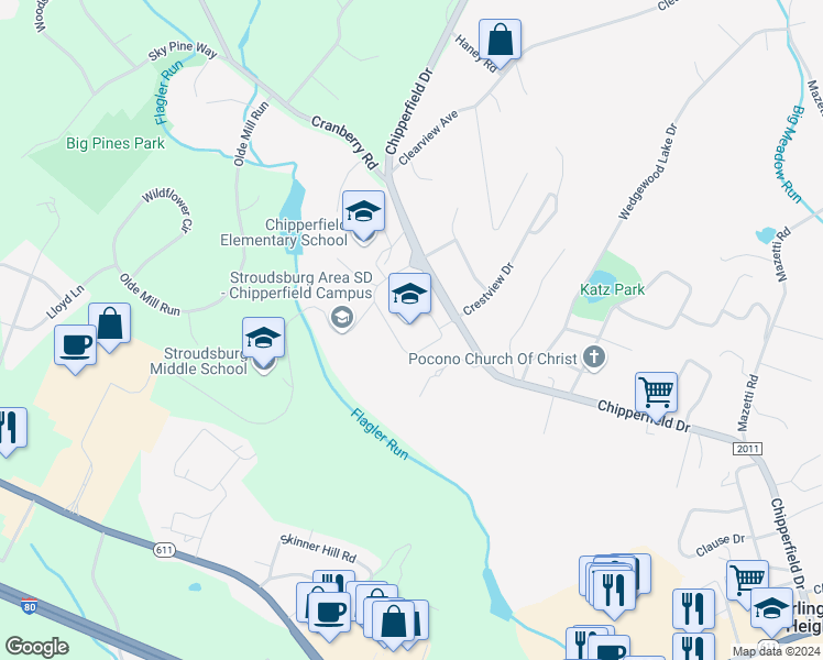 map of restaurants, bars, coffee shops, grocery stores, and more near 1198 Chipperfield Drive in Stroudsburg